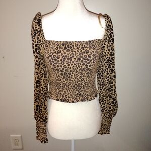 Gianni Bini Leopard Smocked Square Neck Top - Tan & Black